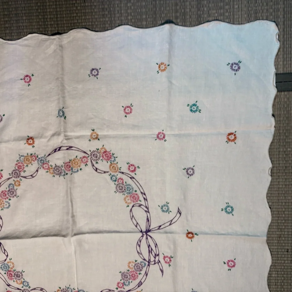 vintage hand embroidered linen tablecloth